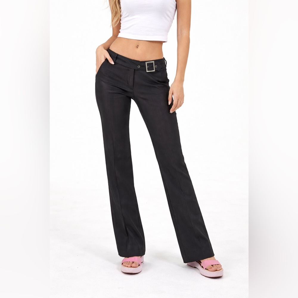 No Boundaries Stretch Grey Pants with Square Buckle Detail